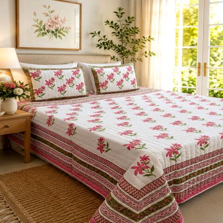Handcrafted Pink Floral Mulmul Cotton Quilted Double Bedcover